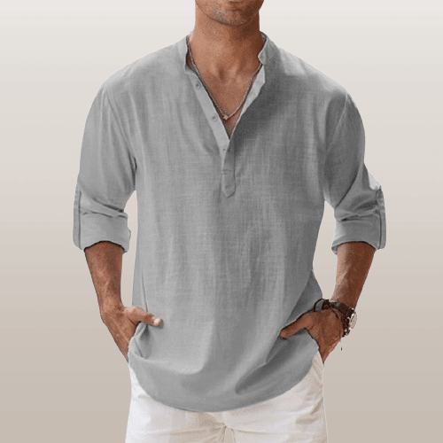 Camicia Henley elegante da uomo in misto lino - manica lunga, comoda vestibilità regolare per tutti i giorni