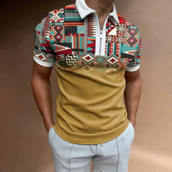 Elegante polo aderente da uomo con zip e strisce retrò - manica corta