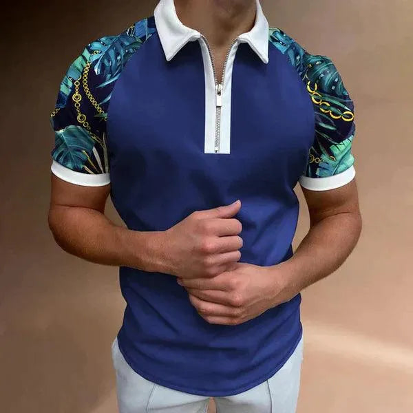Elegante polo aderente da uomo con zip e strisce retrò - manica corta