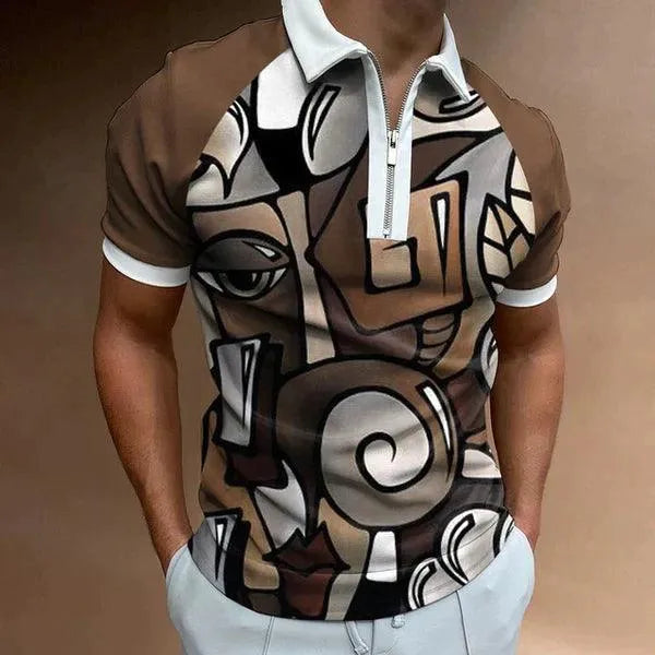 Elegante polo aderente da uomo con zip e strisce retrò - manica corta