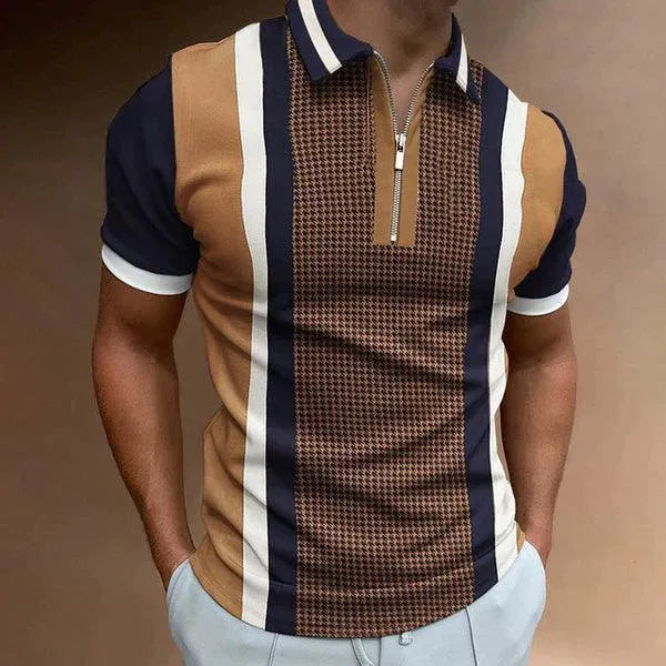 Elegante polo aderente da uomo con zip e strisce retrò - manica corta