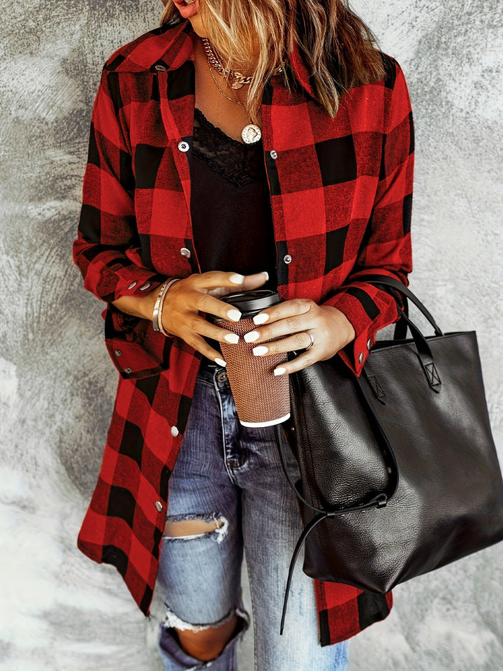 Elegante camicia a quadri da donna a maniche lunghe con bottoni - vestibilità ampia e confortevole in tessuto morbido