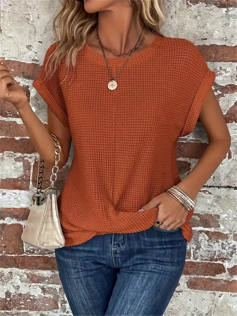 Top da donna in maglia con motivo waffle - vestibilità comoda e ampia, scollo rotondo e stile casual rilassato
