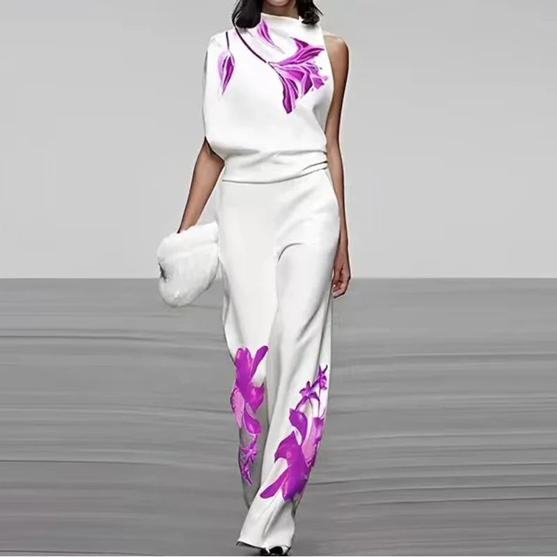 Elegante set a due pezzi senza maniche con stampa originale e collo alto di tendenza