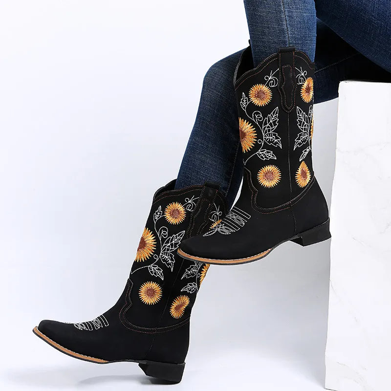 Ximena - Eleganti stivali da equitazione ricamati con tacco basso e confortevole