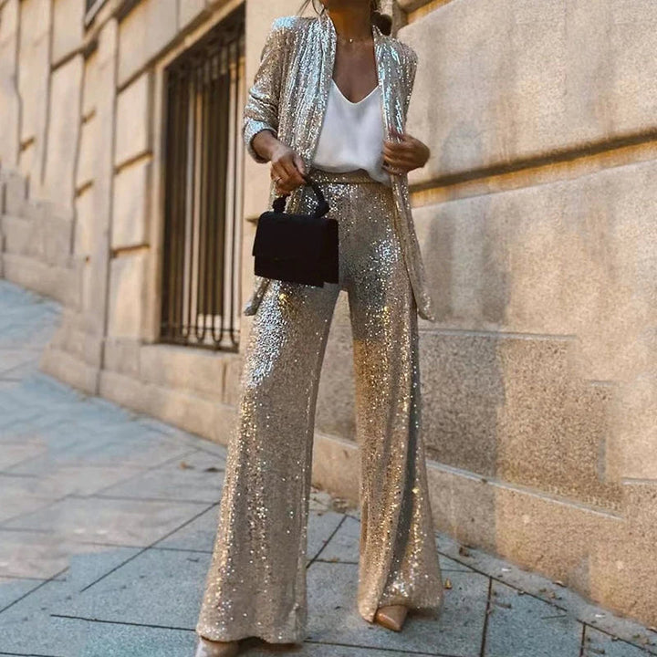 Lucelle - Elegante set a due pezzi con paillettes scintillanti e pantaloni a vita alta alla moda