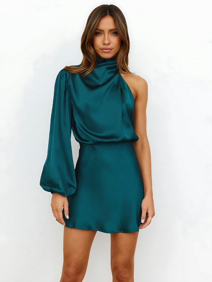 Mini abito monospalla in raso, elegante e alla moda, la scelta perfetta per le occasioni speciali