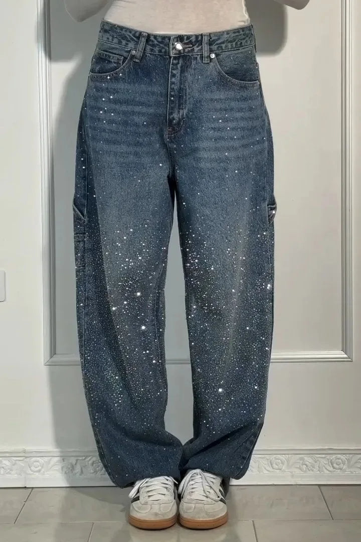 Jeans eleganti da donna a gamba larga con dettagli screziati - stile comodo e alla moda