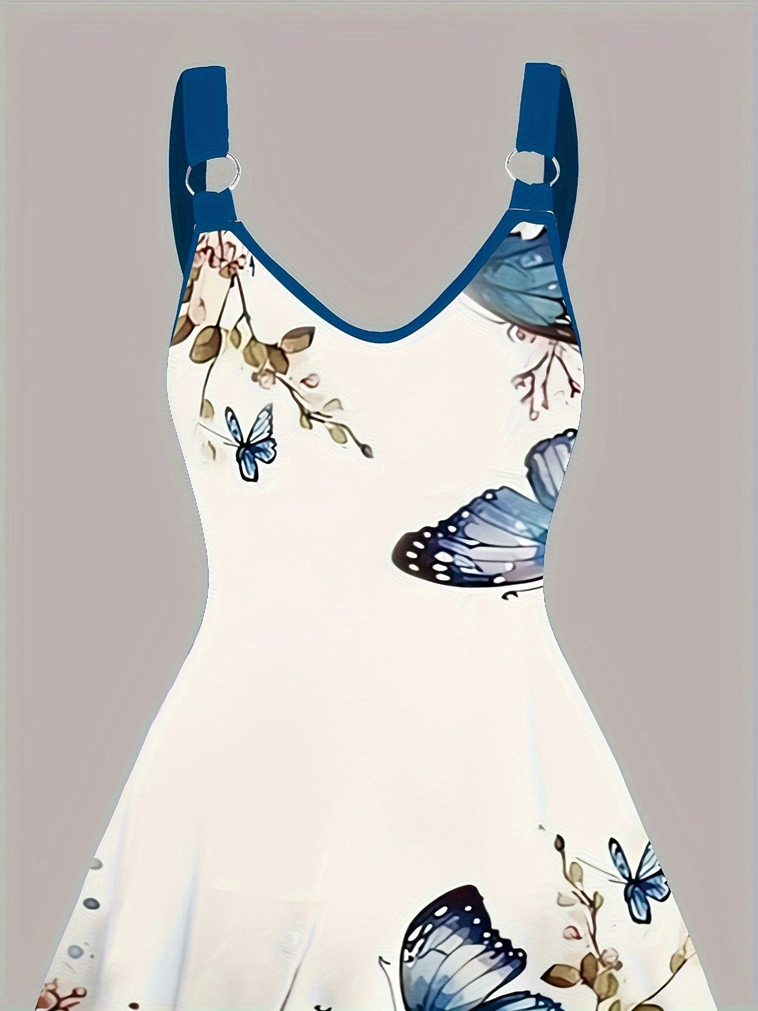 Elegante vestaglia da donna senza maniche, con una suggestiva stampa papillon e un elegante scollo a V con scollatura a punta