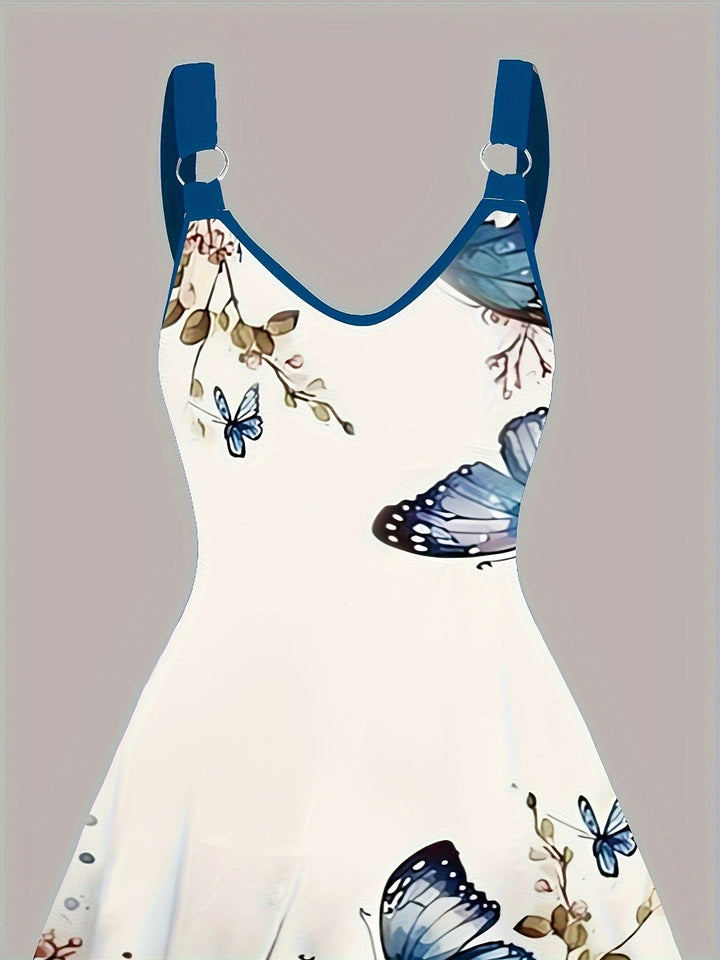 Elegante vestaglia da donna senza maniche, con una suggestiva stampa papillon e un elegante scollo a V con scollatura a punta
