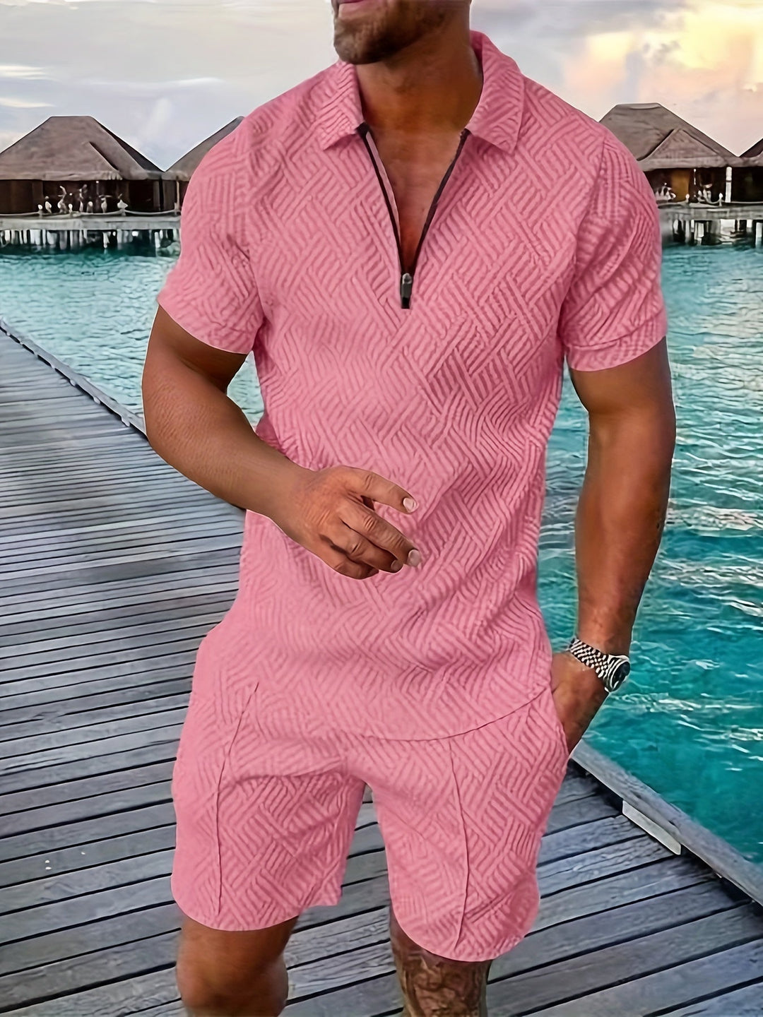 Elegante set da uomo con frangia a quadri e pratica chiusura a zip
