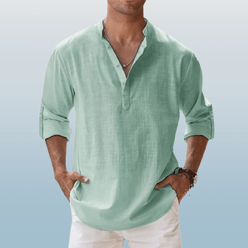 Camicia Henley elegante da uomo in misto lino - manica lunga, comoda vestibilità regolare per tutti i giorni