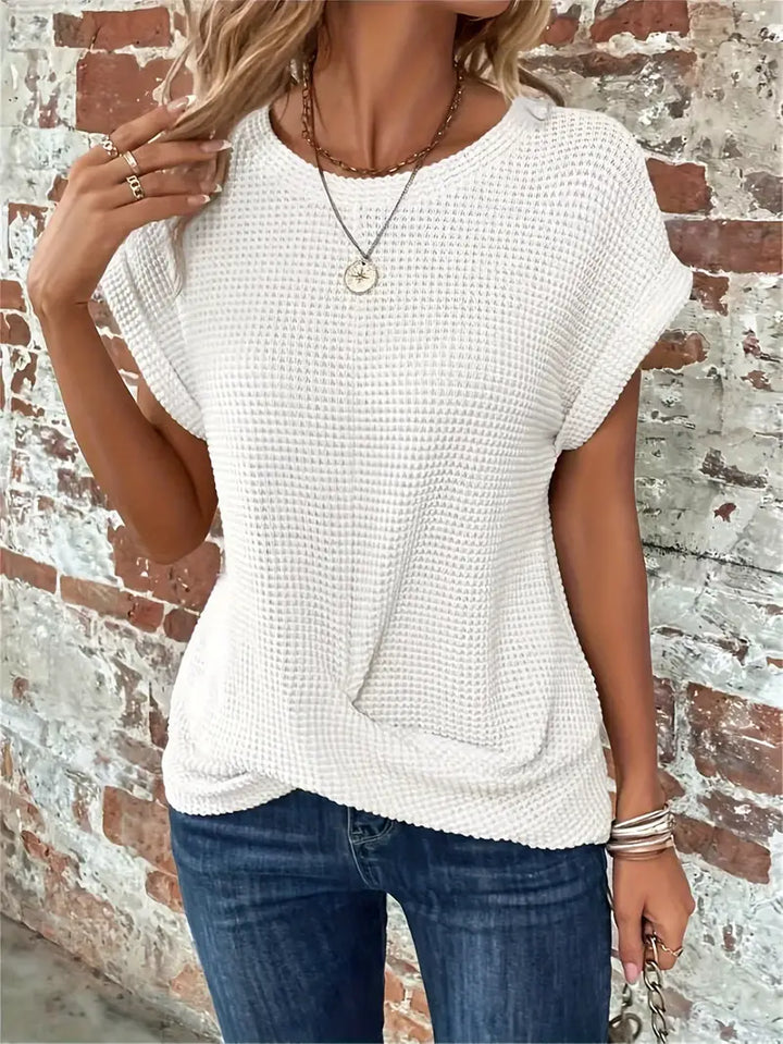 Top da donna in maglia con motivo waffle - vestibilità comoda e ampia, scollo rotondo e stile casual rilassato