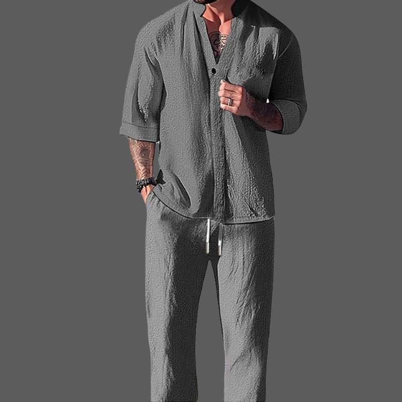 Set uomo Lounge Numérique in lino cotone melange - Elegante collo lungo a punta e comodi pantaloni in velluto a coste