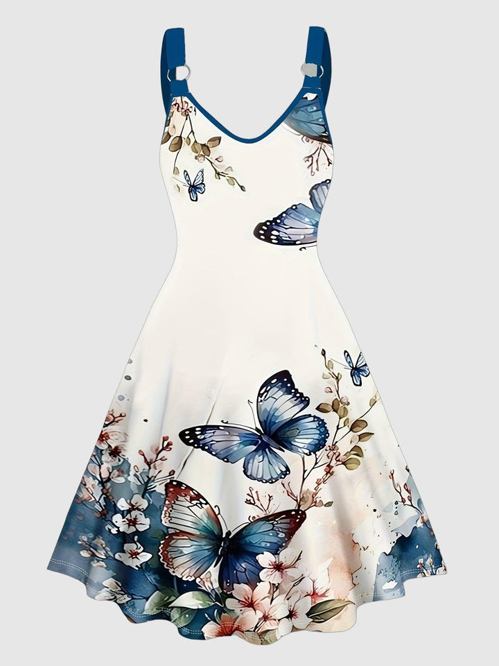 Elegante vestaglia da donna senza maniche, con una suggestiva stampa papillon e un elegante scollo a V con scollatura a punta