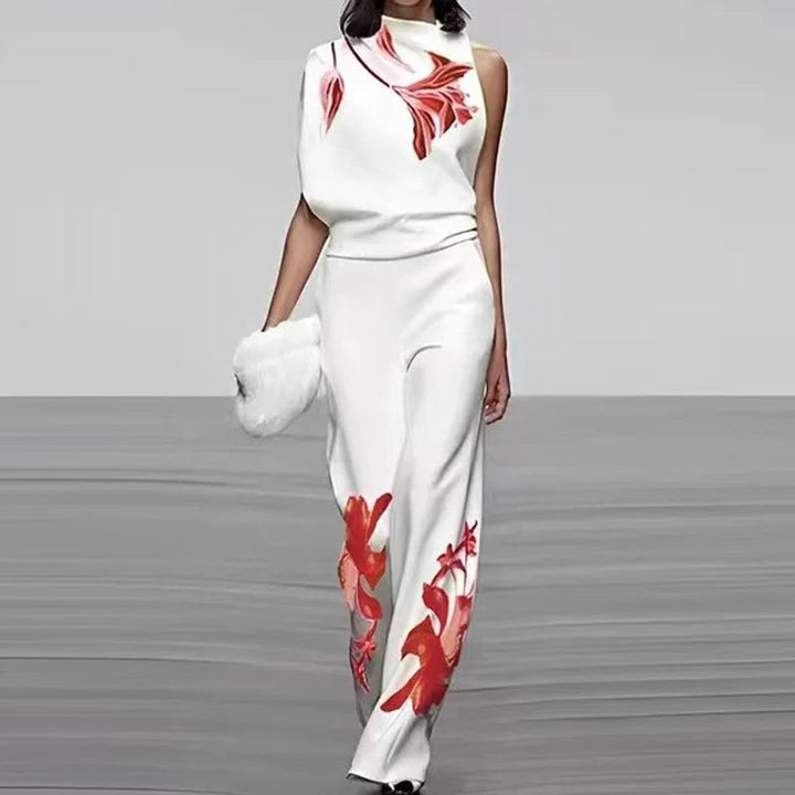 Elegante set a due pezzi senza maniche con stampa originale e collo alto di tendenza