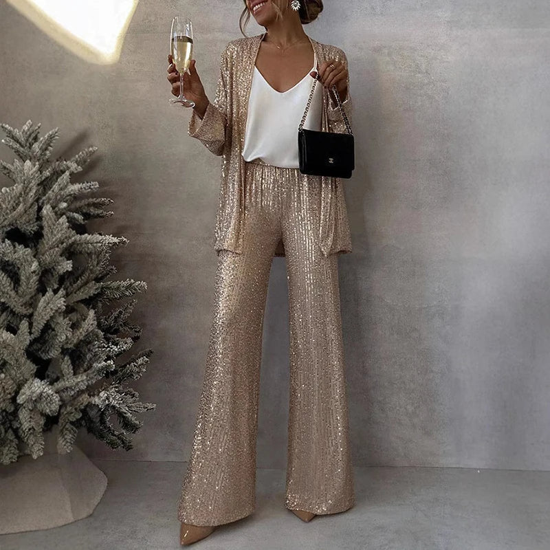 Lucelle - Elegante set a due pezzi con paillettes scintillanti e pantaloni a vita alta alla moda