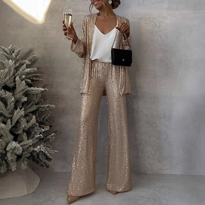 Lucelle - Elegante set a due pezzi con paillettes scintillanti e pantaloni a vita alta alla moda