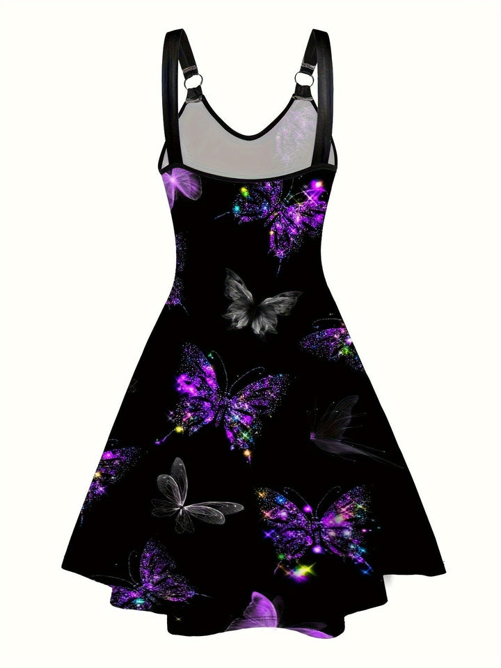 Elegante vestaglia da donna senza maniche, con una suggestiva stampa papillon e un elegante scollo a V con scollatura a punta