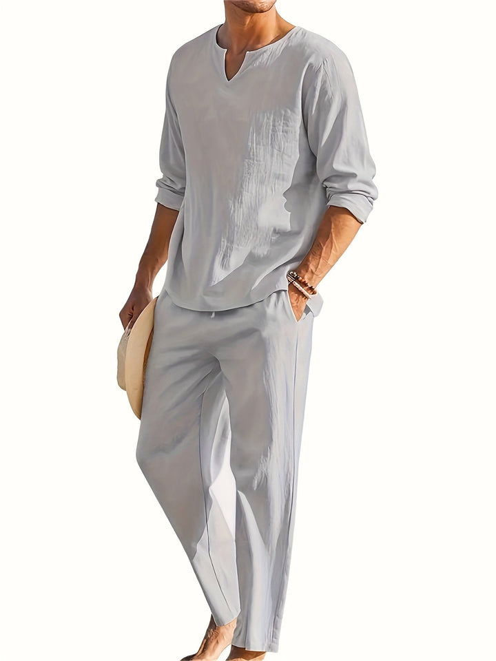 Elegante set da uomo con scollo a punta, polsini lunghi e comodi pantaloni larghi