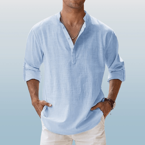 Camicia Henley elegante da uomo in misto lino - manica lunga, comoda vestibilità regolare per tutti i giorni