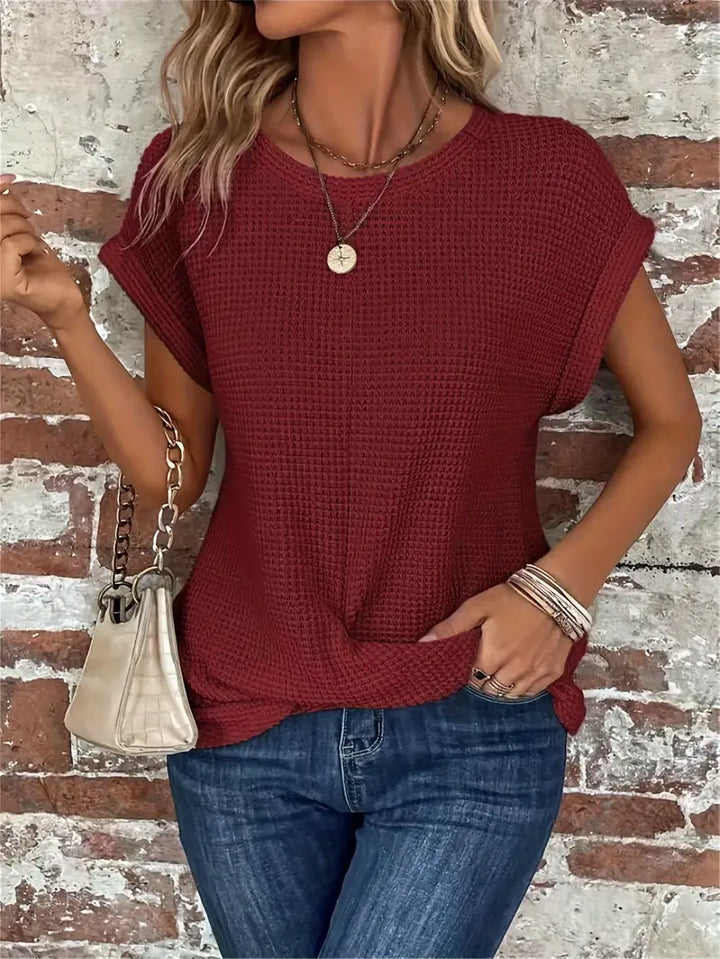 Top da donna in maglia con motivo waffle - vestibilità comoda e ampia, scollo rotondo e stile casual rilassato