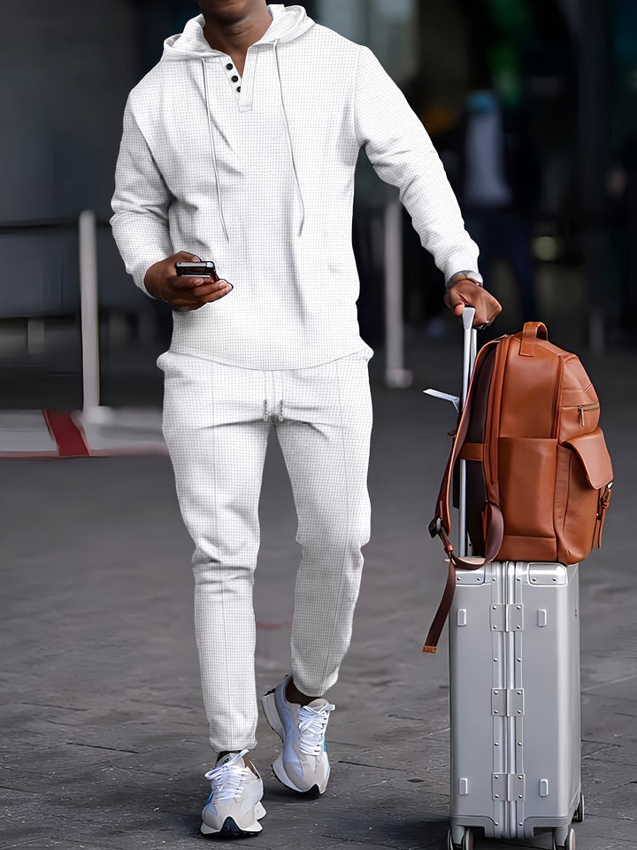 Set tuta da uomo con comoda felpa con cappuccio con colletto abbottonato e pratiche tasche - moderne scarpe da corsa con cordino per un comfort totale
