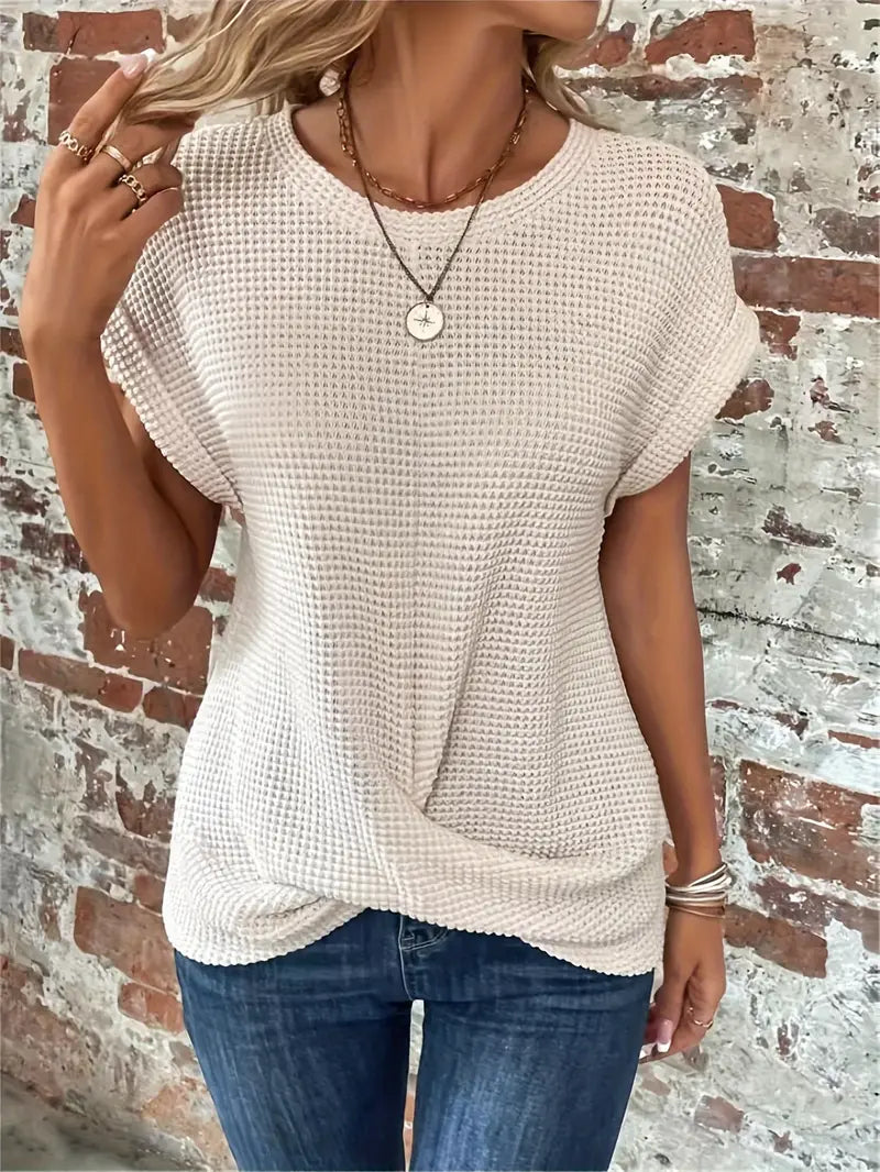 Top da donna in maglia con motivo waffle - vestibilità comoda e ampia, scollo rotondo e stile casual rilassato