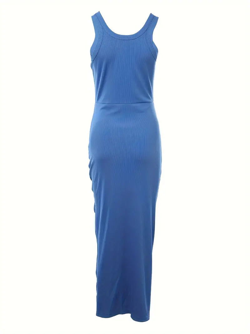 Elegante abito bodycon da donna senza maniche in raso con elegante scollatura e sorprendente spacco alto