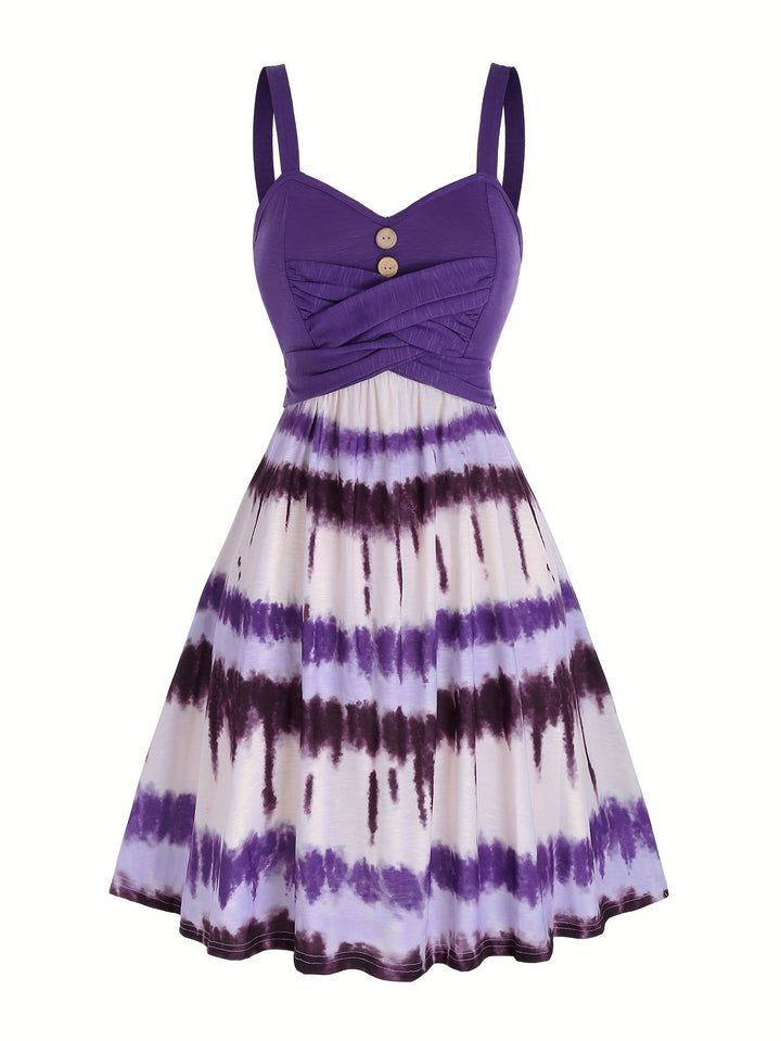 Elegante e comoda vestaglia da donna con motivo tie-dye alla moda, elegante scollatura a V e finti bottoni di gusto.