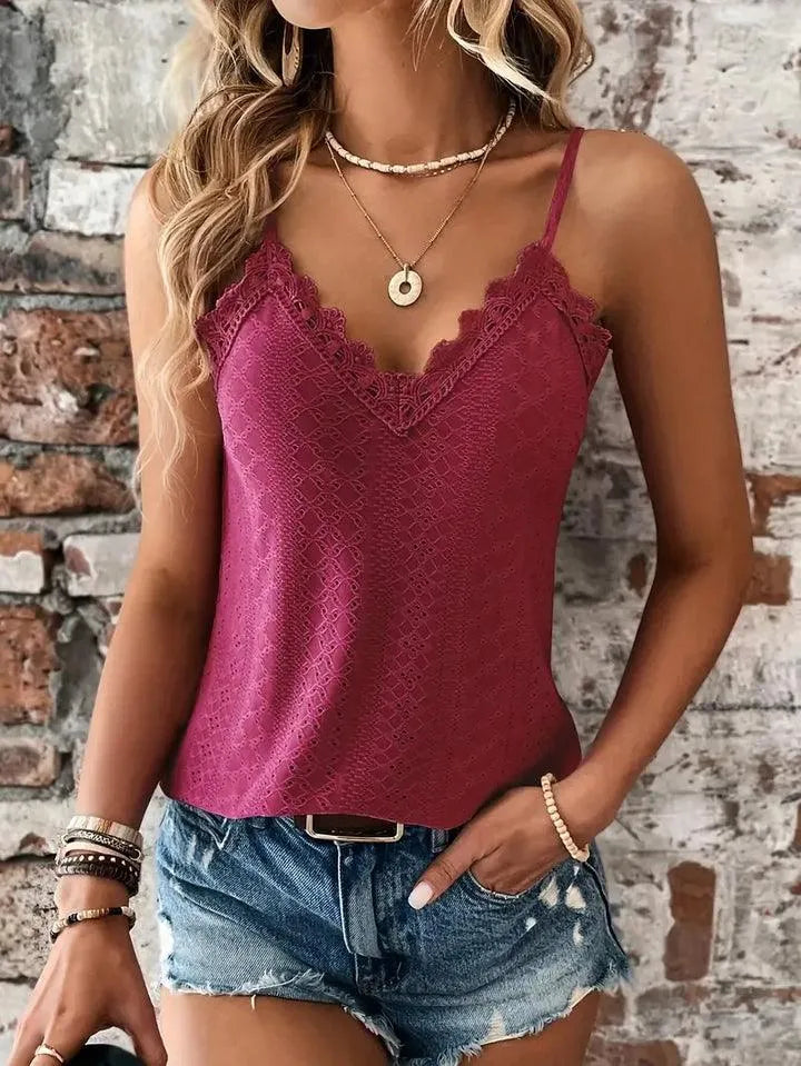 Top sans manches per donna con gocce d'acqua, scollo a V elegante, bordatura in pelle raffinata e bretelle regolabili per uno stile perfetto.