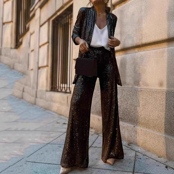 Lucelle - Elegante set a due pezzi con paillettes scintillanti e pantaloni a vita alta alla moda