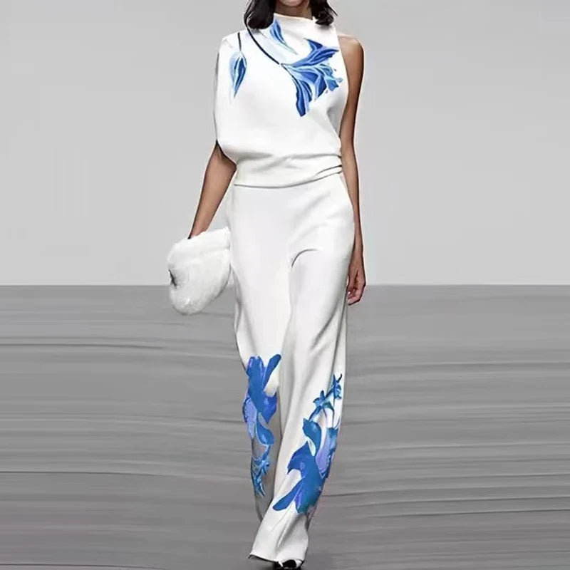 Elegante set a due pezzi senza maniche con stampa originale e collo alto di tendenza