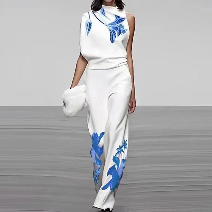 Elegante set a due pezzi senza maniche con stampa originale e collo alto di tendenza