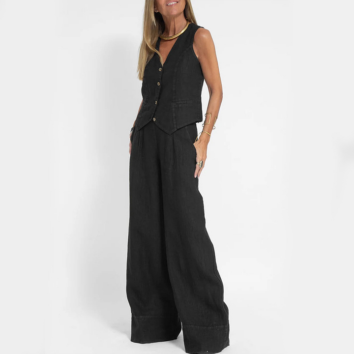 Abito elegante da donna senza maniche in lino con pantaloni coordinati