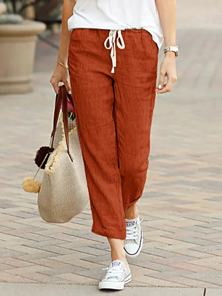 Elvan - pantaloni da donna alla moda con gamba dritta e comodo elastico in vita