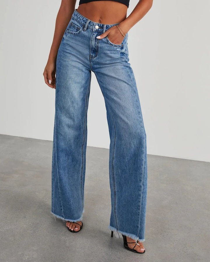 Niva - Jeans comodi con vestibilità ampia e fondo sfrangiato alla moda per le donne