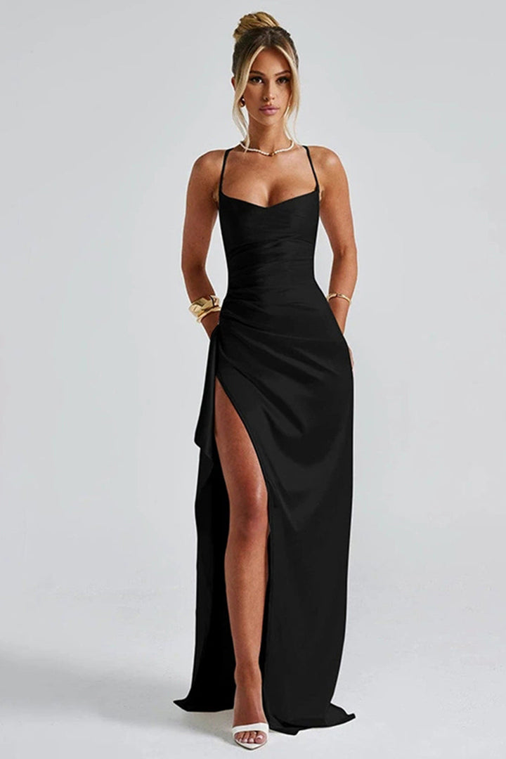 Maxi abito elegante e alla moda con spalline svasate e spacco alto