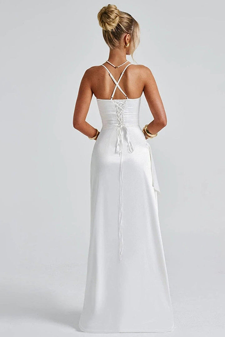 Maxi abito elegante e alla moda con spalline svasate e spacco alto