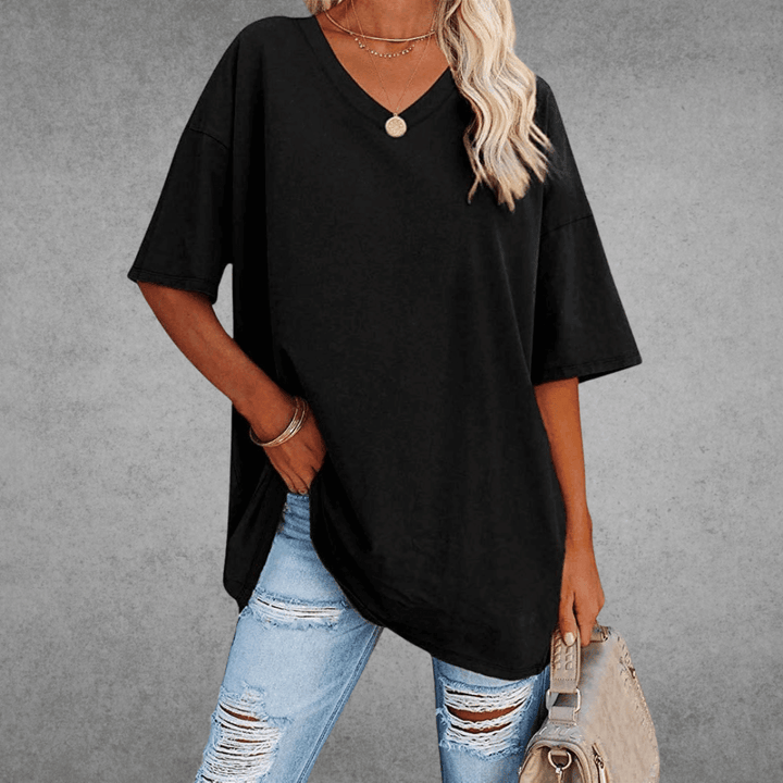 Elegante T-shirt da donna in cotone melange con scollo a punta - Comfort e look alla moda garantiti