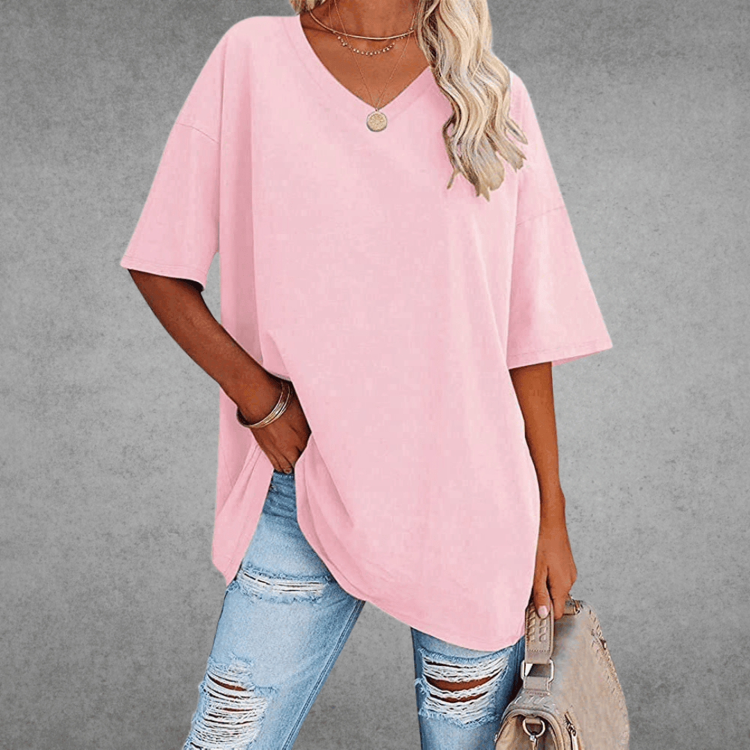 Elegante T-shirt da donna in cotone melange con scollo a punta - Comfort e look alla moda garantiti