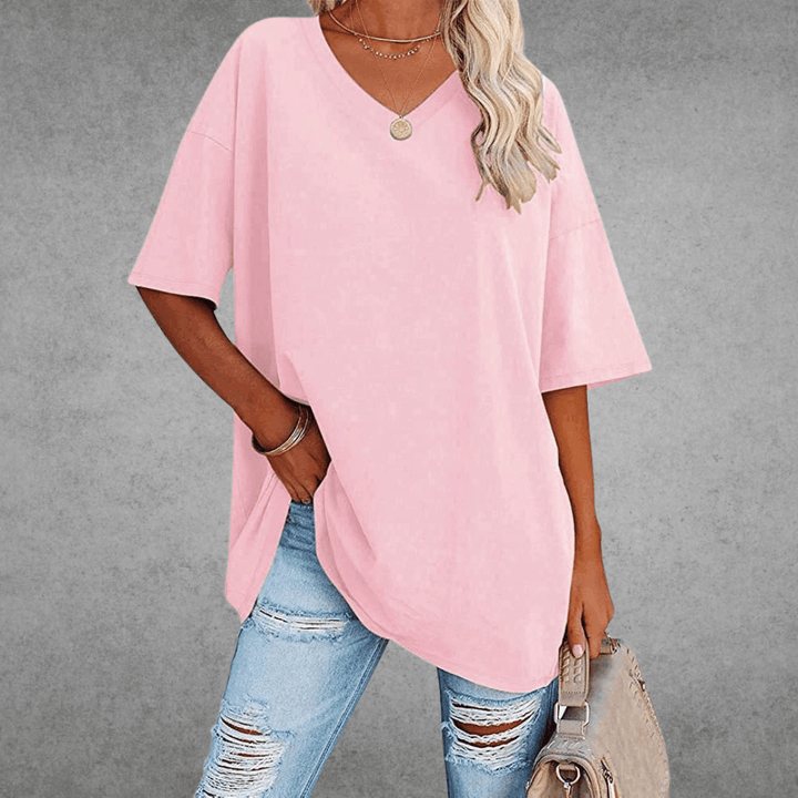 Elegante T-shirt da donna in cotone melange con scollo a punta - Comfort e look alla moda garantiti
