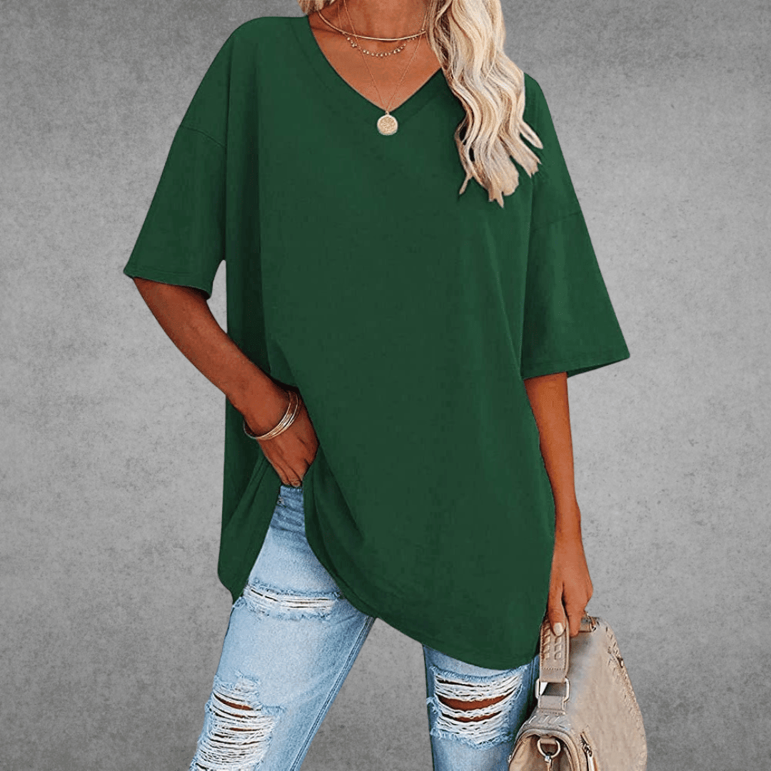 Elegante T-shirt da donna in cotone melange con scollo a punta - Comfort e look alla moda garantiti