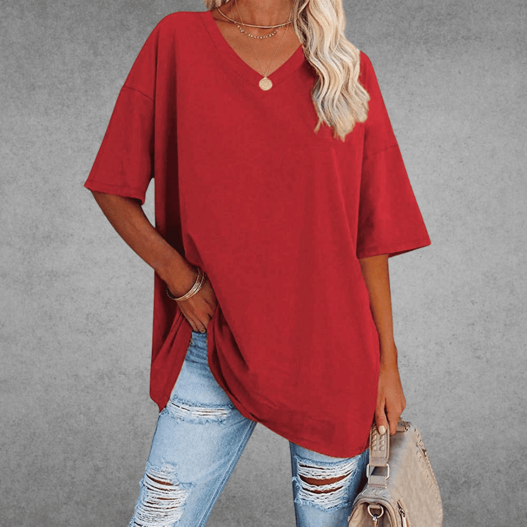 Elegante T-shirt da donna in cotone melange con scollo a punta - Comfort e look alla moda garantiti