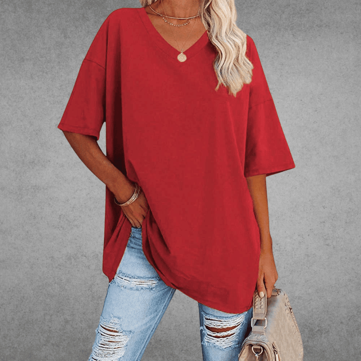 Elegante T-shirt da donna in cotone melange con scollo a punta - Comfort e look alla moda garantiti