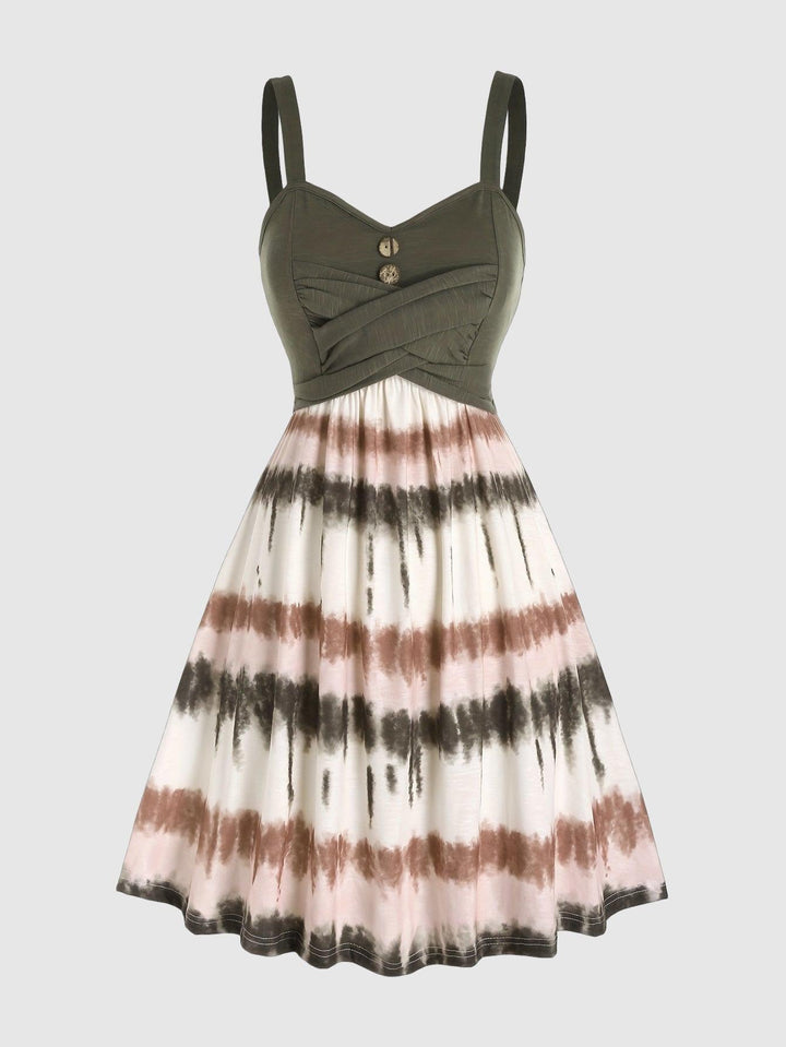 Elegante e comoda vestaglia da donna con motivo tie-dye alla moda, elegante scollatura a V e finti bottoni di gusto.