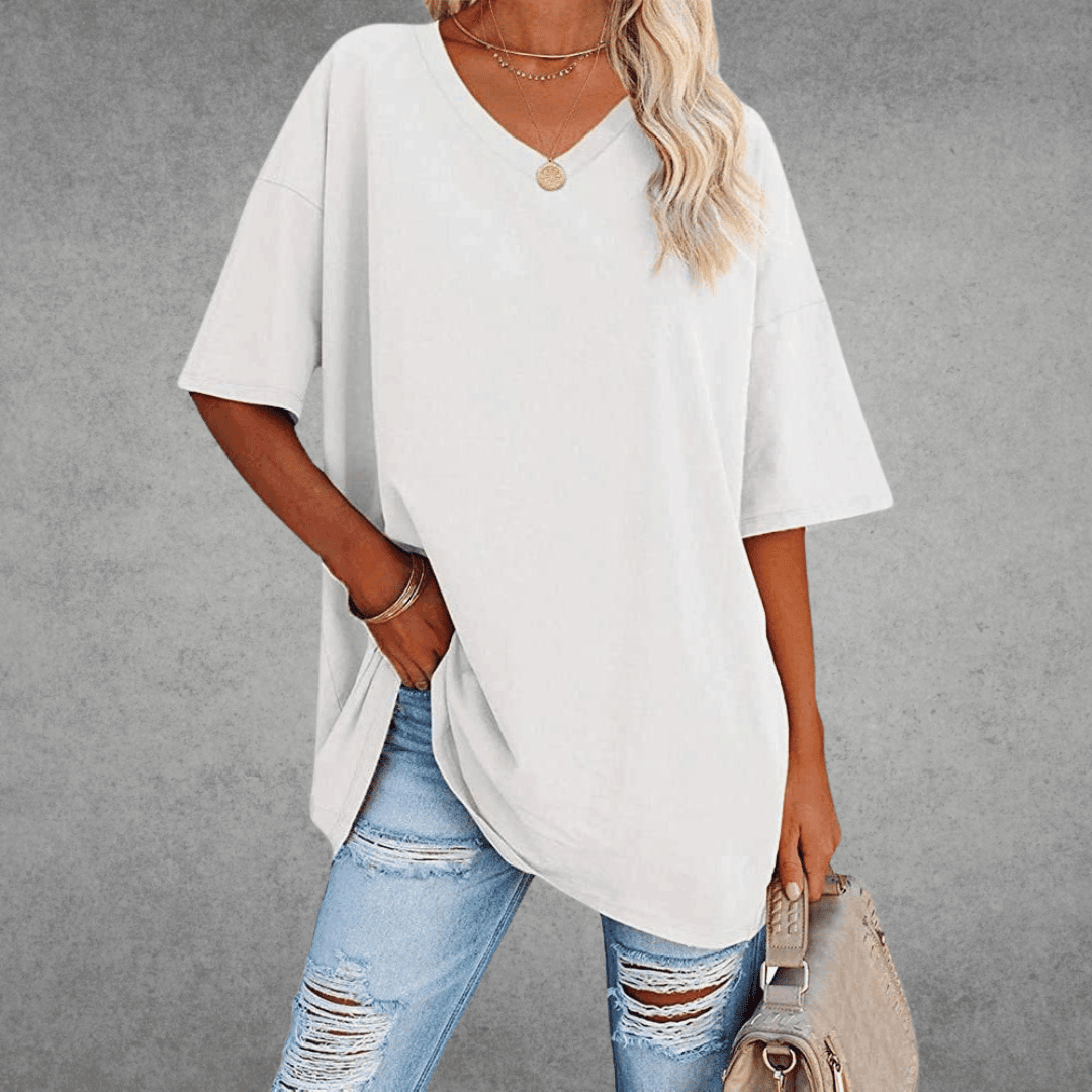 Elegante T-shirt da donna in cotone melange con scollo a punta - Comfort e look alla moda garantiti