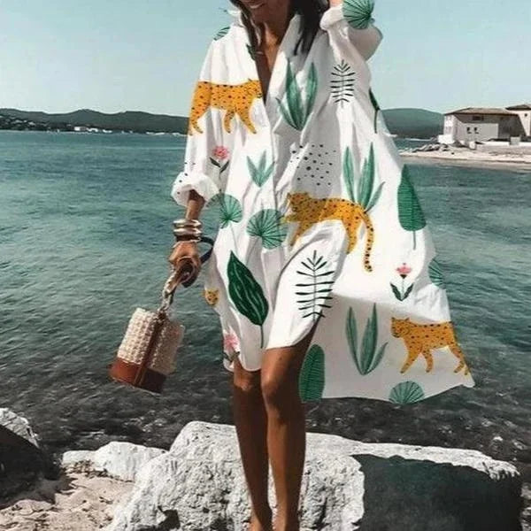 Elegante abito oversize da donna con maniche lunghe e bottoni: il perfetto outfit leggero per tutti i giorni