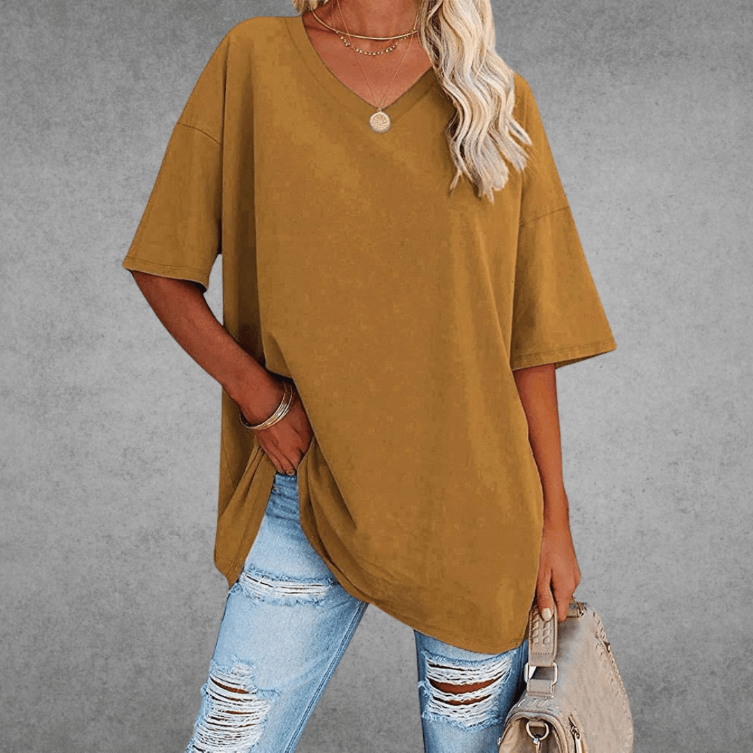 Elegante T-shirt da donna in cotone melange con scollo a punta - Comfort e look alla moda garantiti