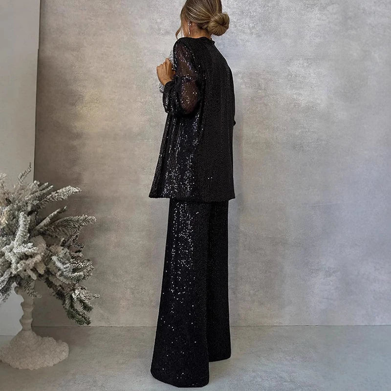 Lucelle - Elegante set a due pezzi con paillettes scintillanti e pantaloni a vita alta alla moda